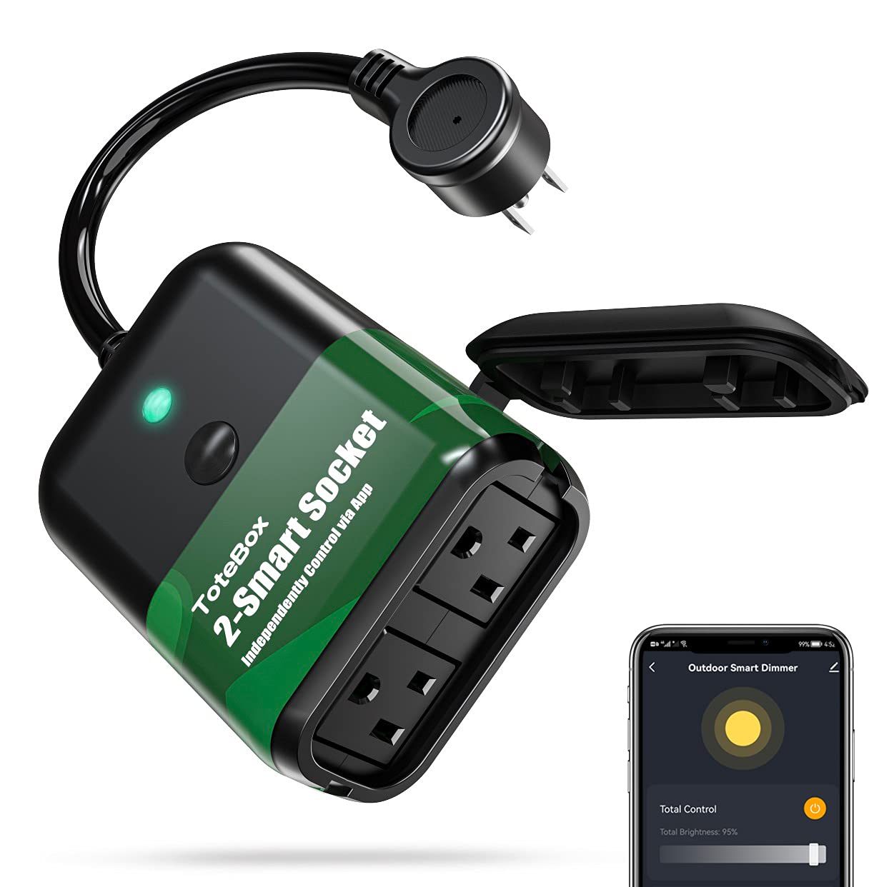 [New Version] ToteBox Smart Dimmer Plug, 2 Individual Control Sockets, Compatible with Alexa, Google Home, APP Remote Control, 480W, IP44 for Outdoor String Lights, 2.4GHz WiFi Only