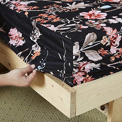 YEPINS Microfiber Fitted Sheet, 3 Piece(1 Fitted Sheet and 2 Pillowcase), Floral and Branch Printed Pattern Design Black Background- Full Size