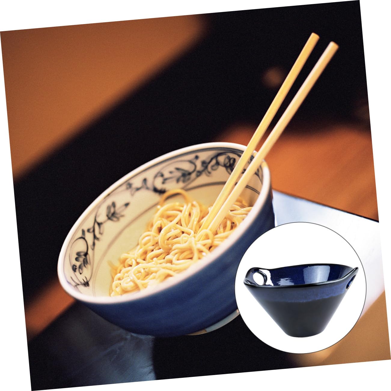LABRIMP Tazón de Cerámica para Ramen de Doble Asa, Diseño Creativo | Color Navy, Curva Decorativa del Cuenco, Apertura Amplia, Hecho a Mano y Fácil de Limpiar