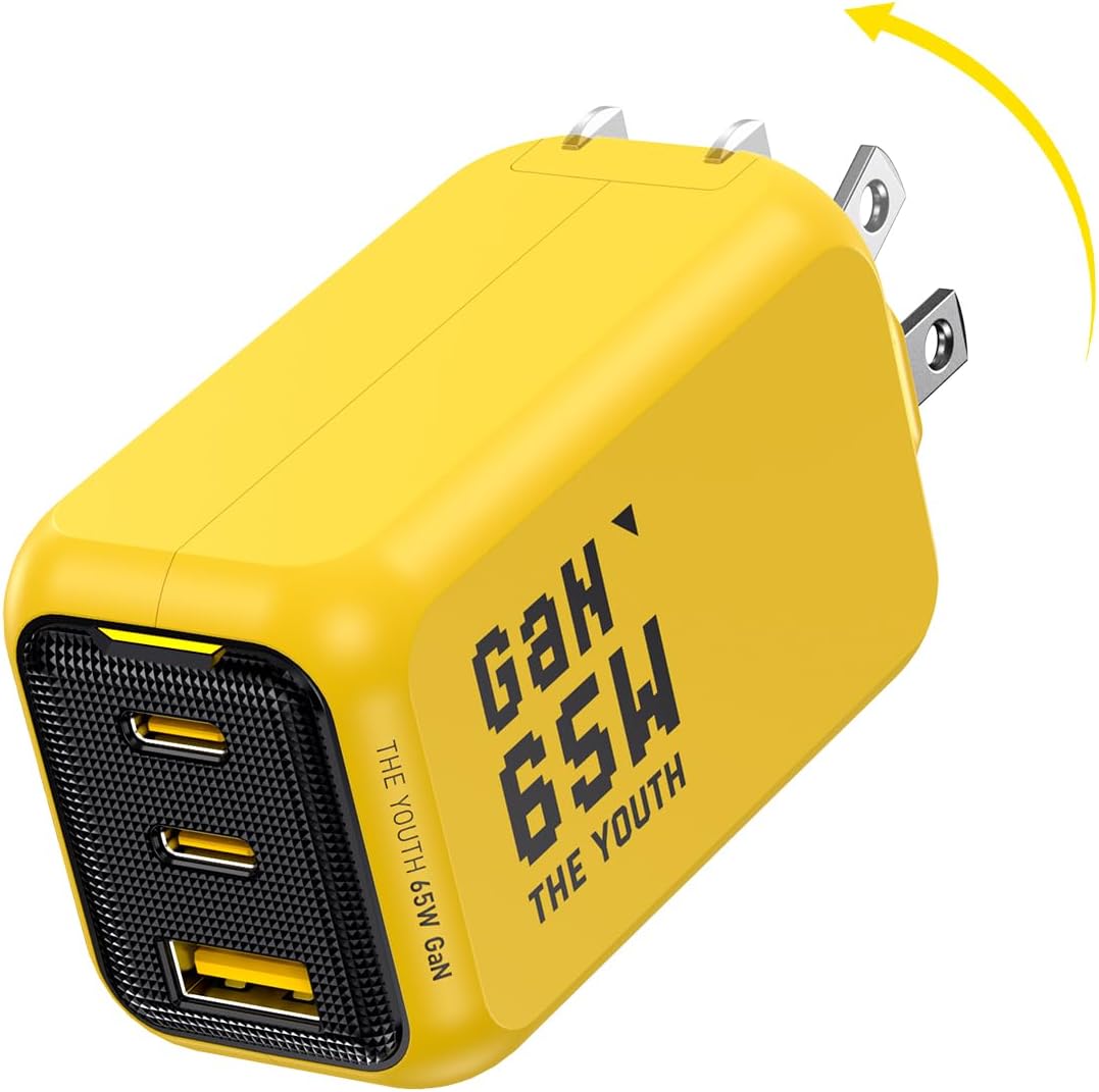 AOHI Youth 65W GaN+ USB C Charger Block, 3-Port PPS Type C Compact Foldable Laptop Fast Wall Charger for MacBook Pro/Air, iPad Pro, iPhone 17/16 Pro Max, Galaxy S24, Pixel, Steam Deck and More, Yellow