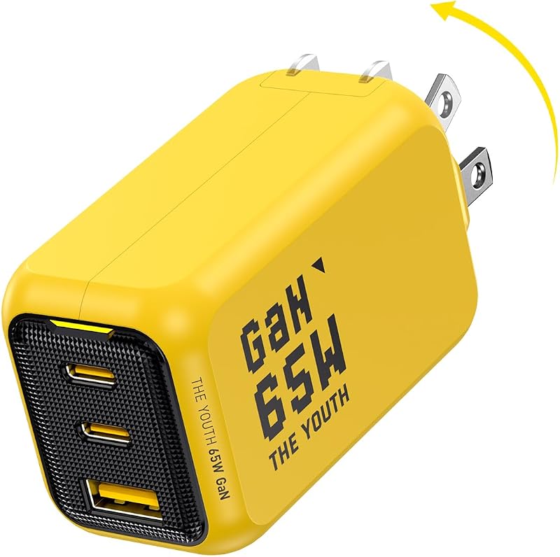 AOHI Youth 65W GaN+ USB C Charger Block, 3-Port PPS Type C Compact Foldable Laptop Fast Wall Charger for MacBook Pro/Air, iPad Pro, iPhone 17/16 Pro Max, Galaxy S24, Pixel, Steam Deck and More, Yellow