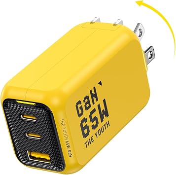 AOHI Youth 65W GaN+ USB C Charger Block، 3 منافذ PPS Type C شاحن حائط سريع للكمبيوتر المحمول قابل للطي لأجهزة MacBook Pro/Air وiPad Pro وiPhone 17/16 Pro Max وGalaxy S24 وPixel وSteam Deck والمزيد، أصفر