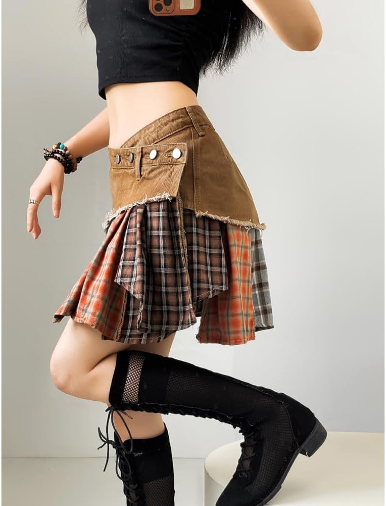 Women High Waisted Plaid Midi Skirts Patchwork Long Jeans Skirts