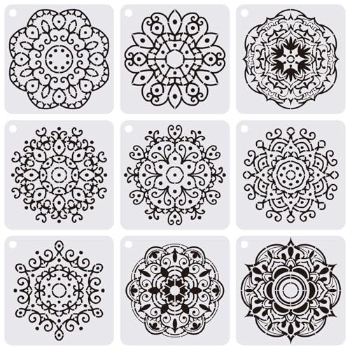 YKW 9 Pack Geometric Flower Mandala Stencils for Painting on Wood, Canvas, Wall & Furniture - 6x6 Inch Laser Cut Reusable Templates for DIY Home Decor, Floors & Tiles