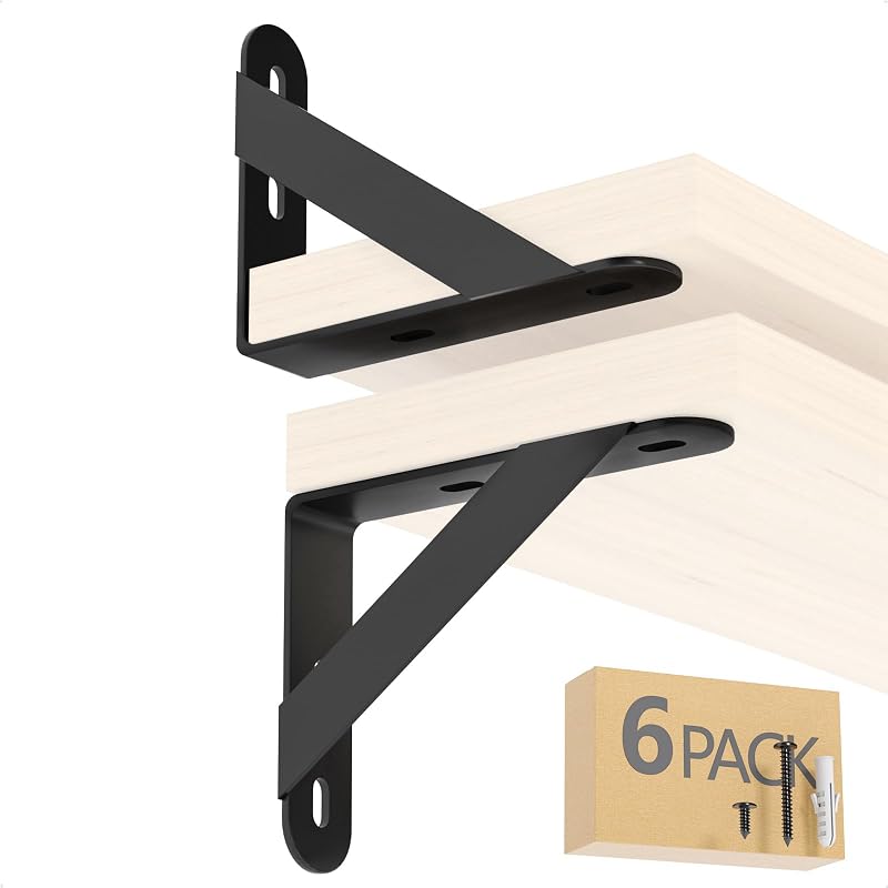 Soportes para estantes 4x3, paquete de 6 soportes de pared, incluye tornillos y anclajes (negro) | Acero, Pequeño, Metal, Resistente, Triángulo, Forma de L, Decorativo, Soporte, Soporte para Estante, Perno de Pared, Para Estantes de Madera