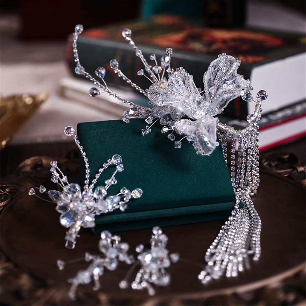 Bridal Wedding White Veil Tiara Crystal Hairpin Earrings Set Korean Hair Accessories