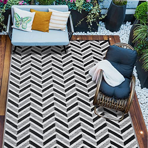 Hugear Rv Outdoor Rug Waterproof Mat 9'X12' For Patios Clearance Carpet Camping Rugs Large Plastic Straw Rug (9X12Ft Modern Black&White) #TOP5