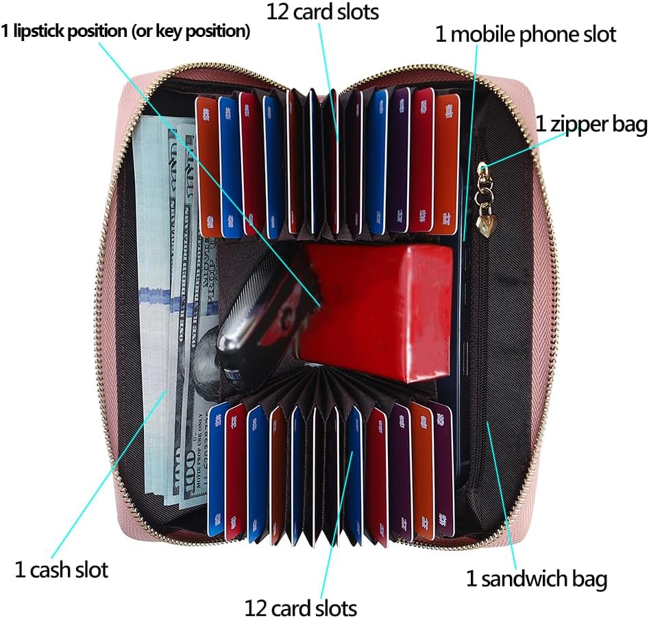 Fashionable long RFID leather women's wallet, large capacity multi slot phone case, zipper closure, detachable wrist strap, hand-held wallet (Pink)