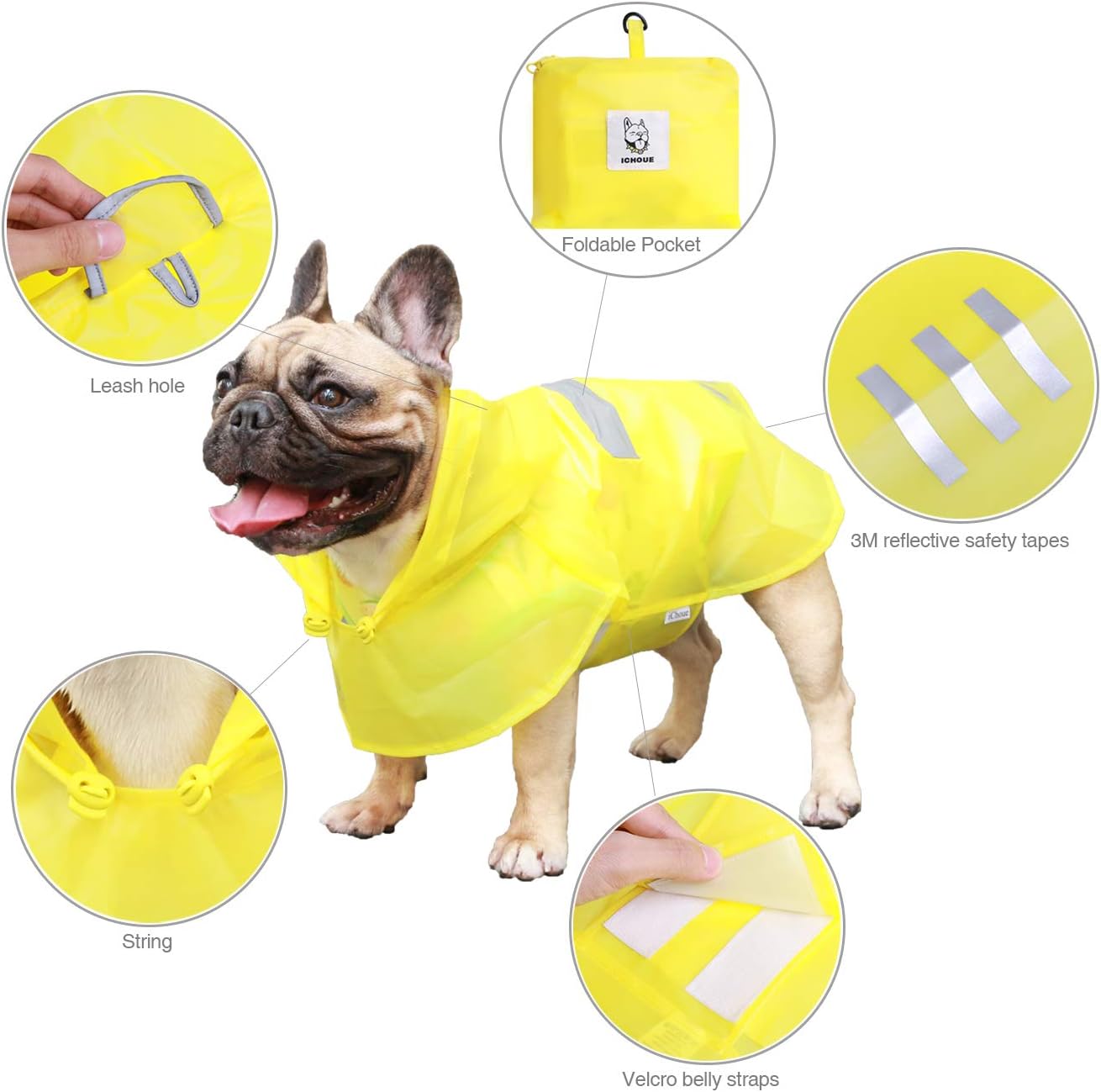 iChoue Dog Raincoats, Packable Rain Coats, Lightweight Rain Jacket with Reflective Straps, Adjustable Poncho for Medium Dog French English Bulldog Pug Terrier (Yellow, Small)
