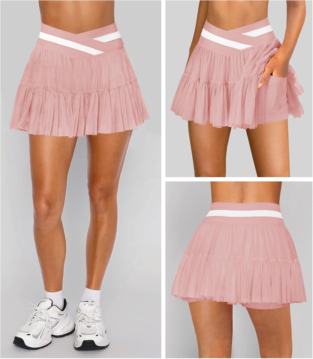 Women's Pleated Flowy Ruffle Tennis Skirt Skort for Women Crossover High Waisted Mini Golf Athletic Skirt with Shorts - Image 2