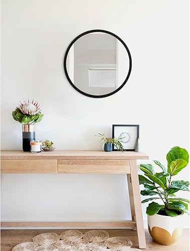 Miniatura 26 de JJUUYOU Espejo circular de pared redondo para baño, espejo de tocador gris, pequeño círculo decorativo para pared, marco de madera, espejo