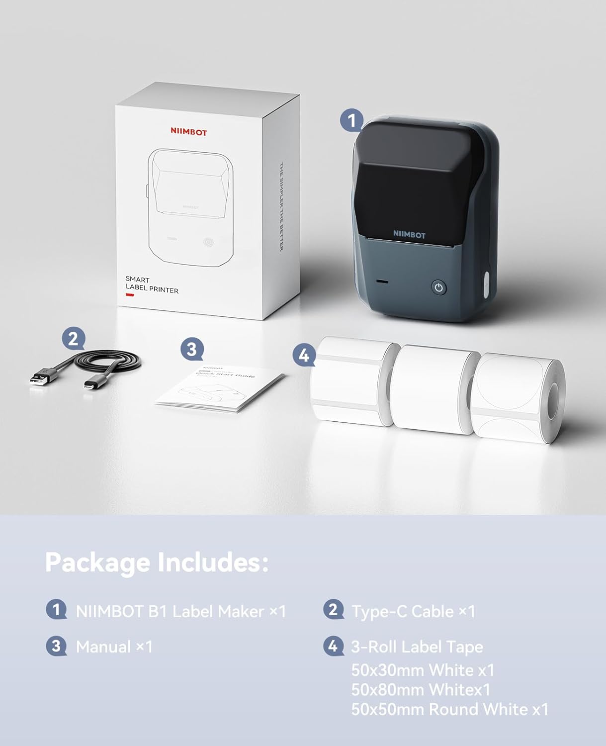 NIIMBOT B1 Label Maker Machine with 3 Tapes, 50x30mm/50x80mm/ 50x50mm Round Labels, Bluetooth Thermal Label Printer for Small Business,Office,Home,School (Blue, 1 Printer+3 Roll Label) - Image 9