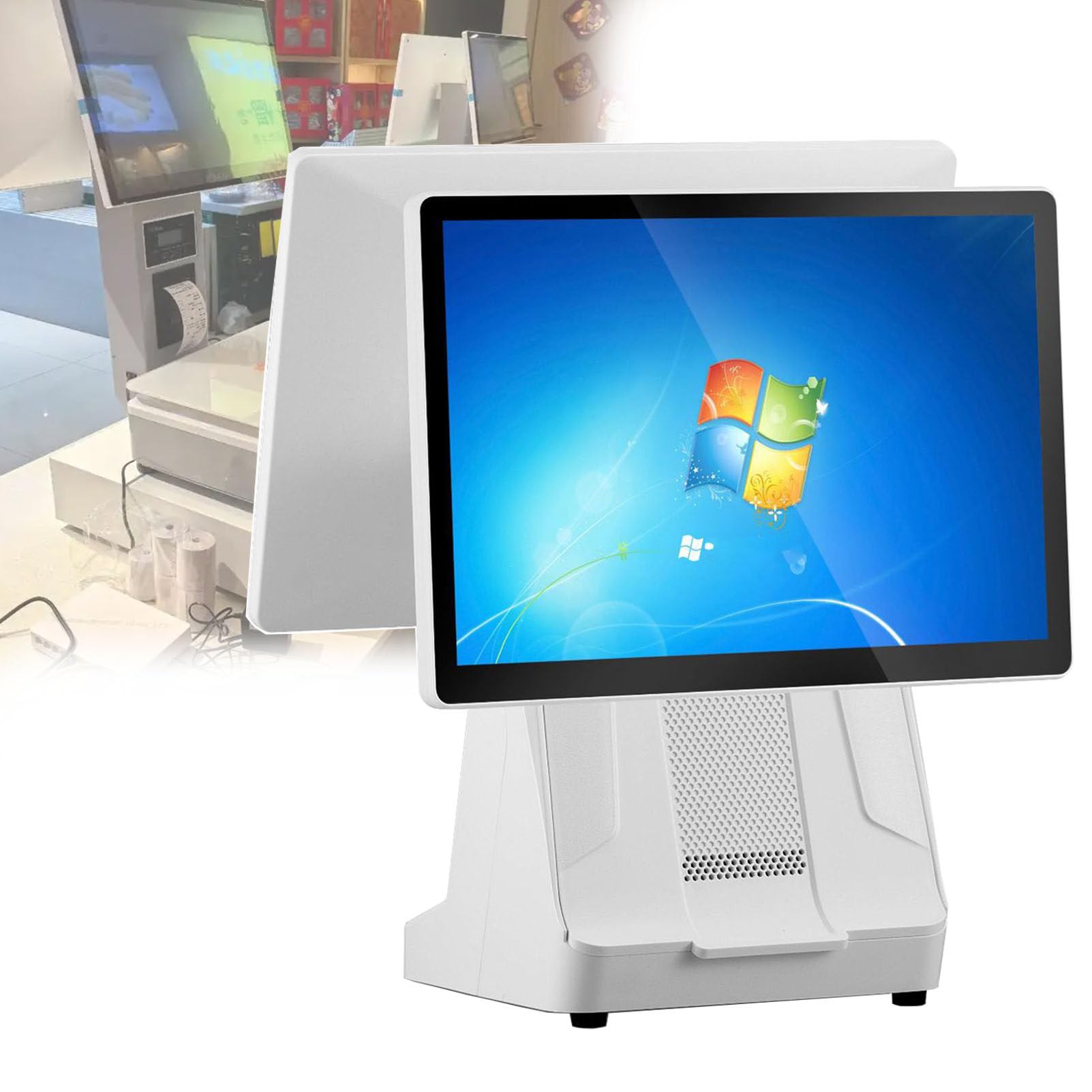 Terminale POS per la vendita al dettaglio, design a doppio schermo touch, con altoparlante integrato, guscio resistente e facile da pulire, dispositivo di alta qualità, negozio di articoli vari
