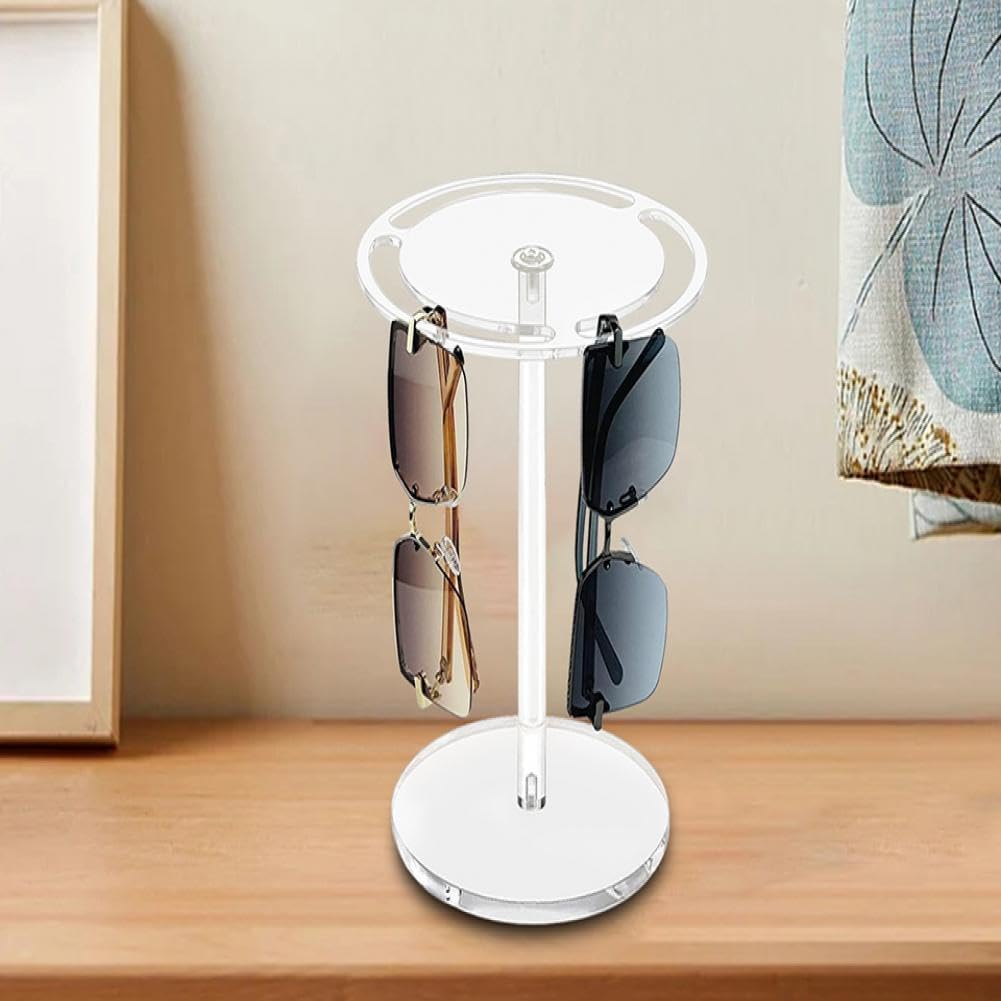 Acrylic Sunglasses Holder Stand, 360 Rotating Eyeglasses Display Rack Clear Glass Tabletop Organizer for Table Dresser Desk Countertop Bedroom