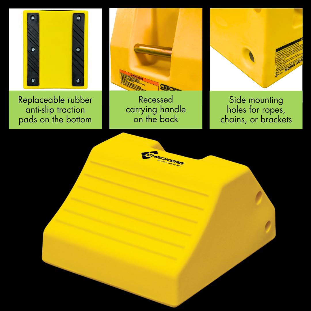 Checkers Heavy Duty Wheel Chocks for 65"-105" Tires, One Large Tire Chock for Haul Trucks, Loaders, and Cranes, 275 Ton Capacity, Lightweight HDPE, Made in The USA, Yellow, MC3010