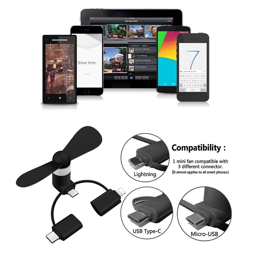Rakiuty 2 Ventole USB Portatili Per Cellulare – Tipo C, 2 In 1, Compatte E Leggere (Nero)