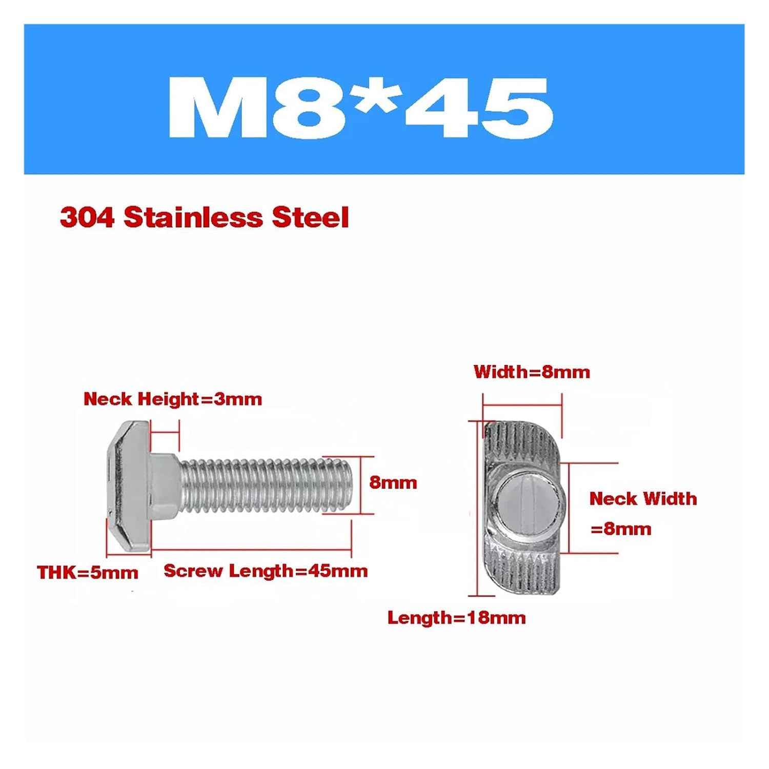 T Slot Drop-in Bolt, Shape Screws,T-Slot Bolts,304 Stainless Steel T-Shaped Screw/T-Shaped M6 M8(10pcs M8X45)