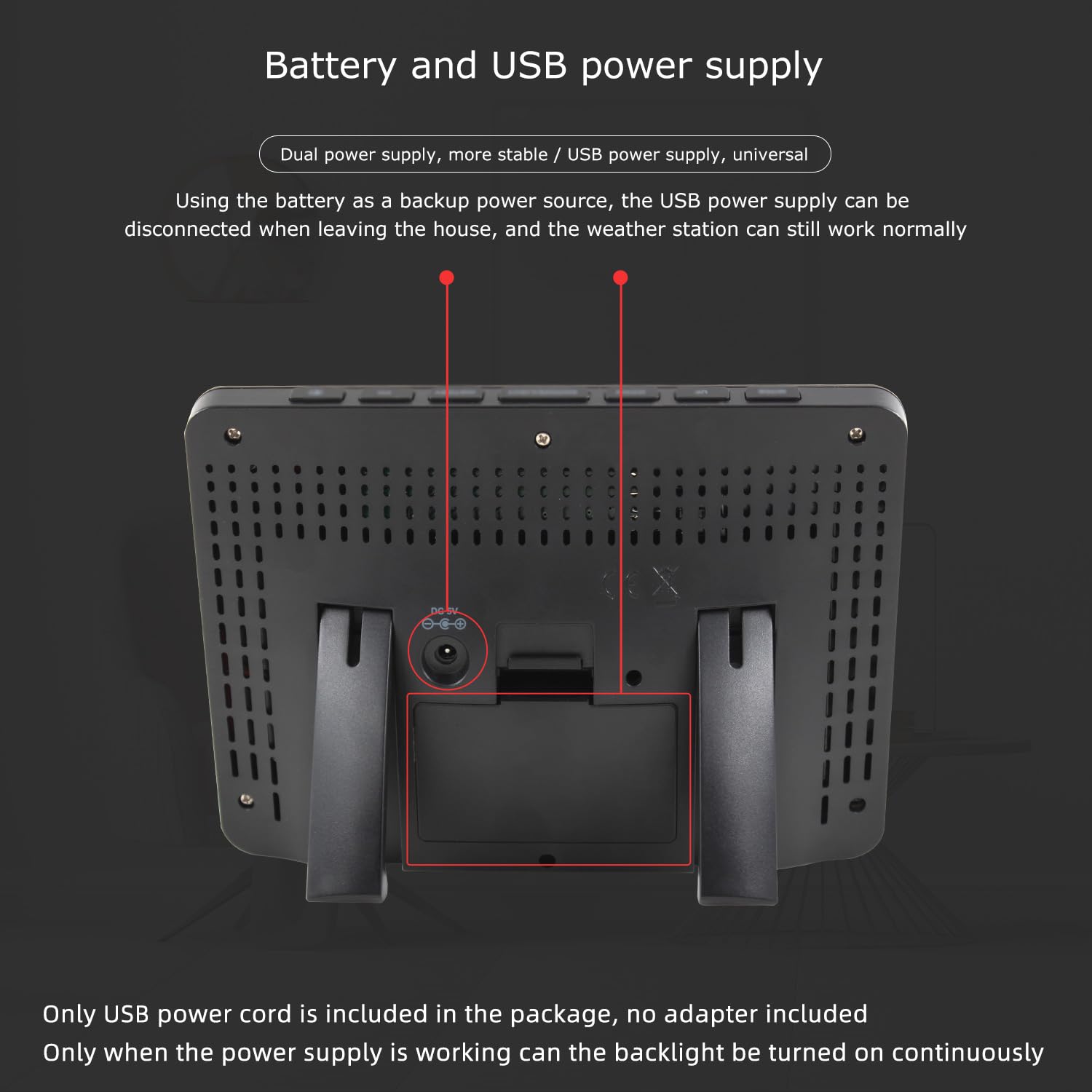Diagram showing battery and USB power supply connections on the weather station