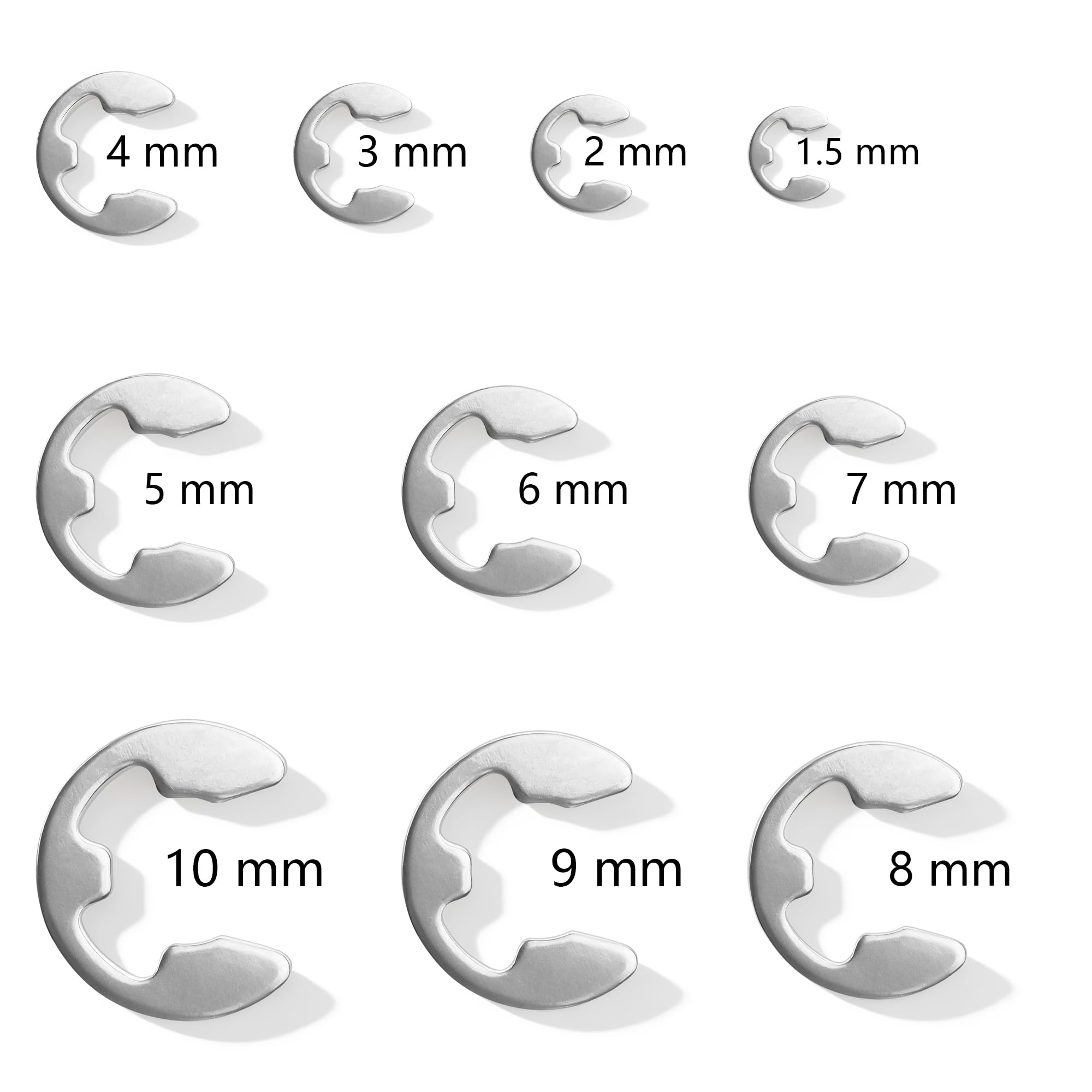 Zestaw pierścieni zabezpieczających ze stali nierdzewnej 304 typu E, DIN 6799-10, różne rozmiary, 120 sztuk (1,5 mm-10 mm), zestaw pierścieni zabezpieczających z przezroczystą przegródką