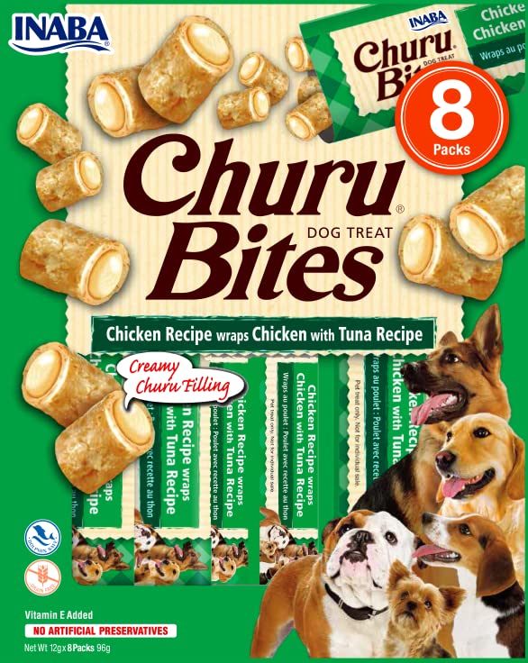 Churu Bites by INABA Dog Treat, Chicken & Tuna Flavour 8 Pack (64 x 12g total) / Crispy Pouches with Creamy Filling Treat