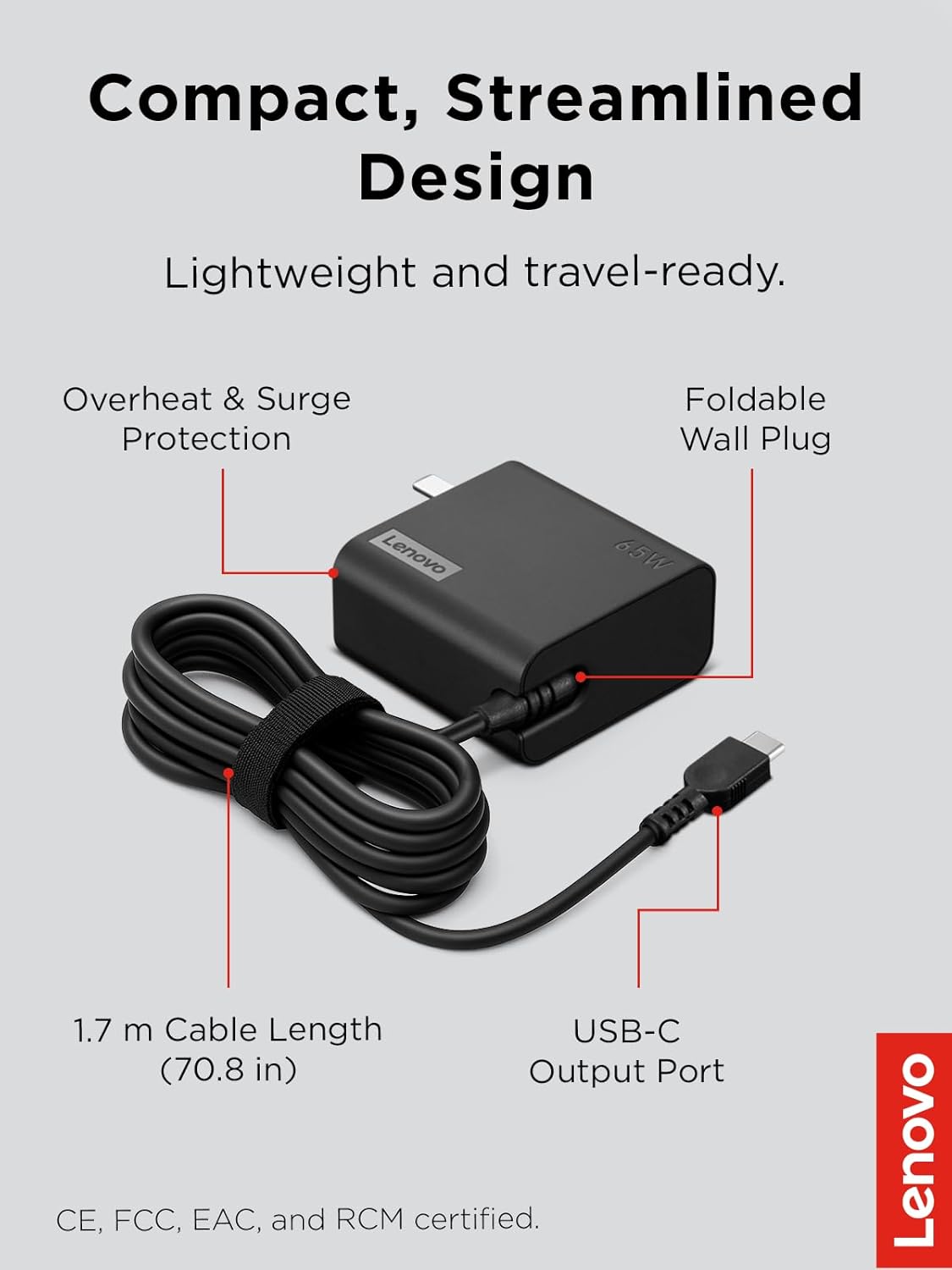 Lenovo USB-C 65W Wall Charger - PD 3.0 - Power Adapter for Laptop, Tablet, Notebook, USB-C Compatible Devices - Slim, Light and Portable with 6.5 Foot Cable - Black