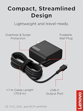 Lenovo USB-C 65W Wall Charger - PD 3.0 - Power Adapter for Laptop, Tablet, Notebook, USB-C Compatible Devices - Slim, Light and Portable with 5.9 Foot (1.7m) Cable - Black