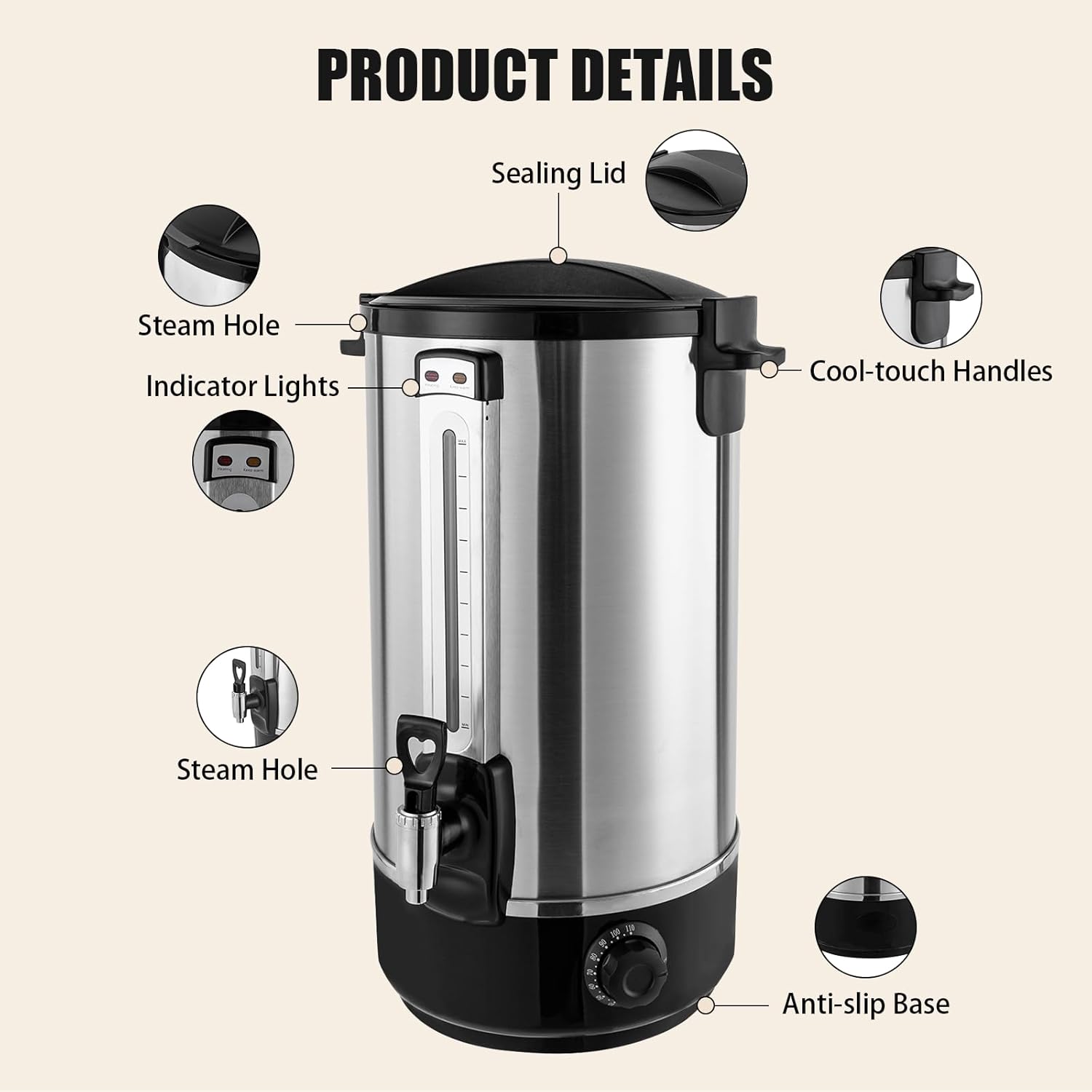 20L Commercial Grade Coffee Urn, 125-Cup Stainless Steel Electric Coffee Maker Hot Water Urn with Spigot, Warm Function, Temperature Control, Anti-slip Base
