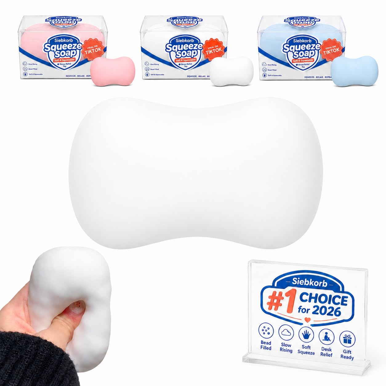 Crunchy Soap Squishy Asmr Stress Ball, Realistic Handmade Bar Soap Shape Bead Filled Crunchy Squishies Stress Ball, Cute Squeeze Sensory Fidget for Adults Office Anxiety Relief (White)