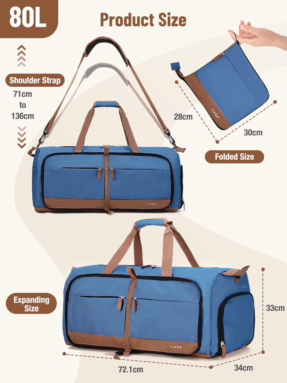 Lekesky Foldable Travel Duffel Bag for Women, 80L Large Duffle Bag with Separate Shoes Compartments & Straps, Carry On Weekend Bag for Women, Hospital, Overnight(Navy Blue) - Image 3