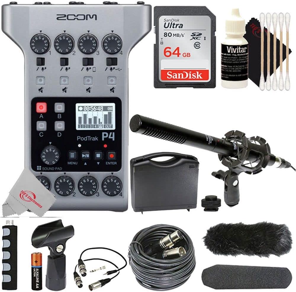 Zoom PodTrak P4 Portable Multitrack Podcast Recorder + 1Pr Shotgun Microphone Kit w/Case and accessories + Accessory Kit