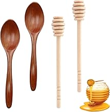 Issimober Lot de 4 cuillères à miel, cuillères à miel, cuillères à miel en bois de 14 cm, cuillère à miel en bois de 15 cm, distributeur de miel et de sirop, bâtonnets mélangeurs en spirale de miel (2