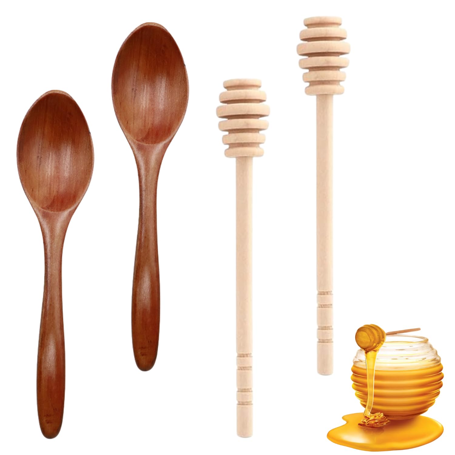 4 cucchiai per miele, 14 cm, in legno, 15 cm, per miele e sciroppo, per miele e miele (2 + 2, marrone)