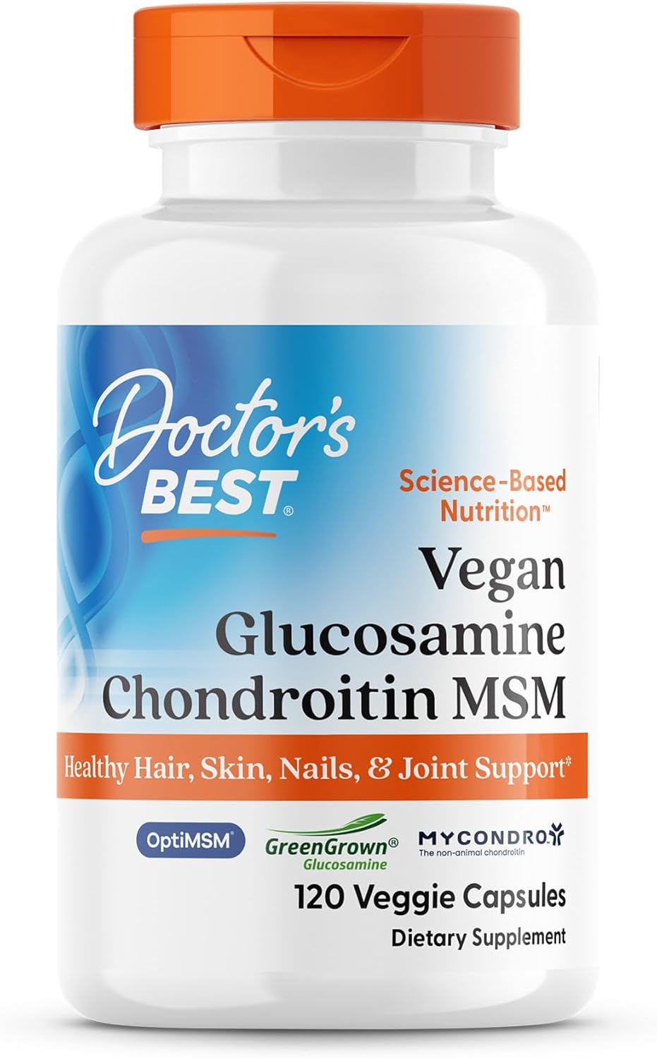 Doctor's Best Vegan Glucosamine Chondroitin MSM - Joint Health Support Supplement for Women & Men, Nutritional Support for Joint Strength, Hair, Skin, & Nails, Gluten Free, Non GMO - 120 Veg Capsules