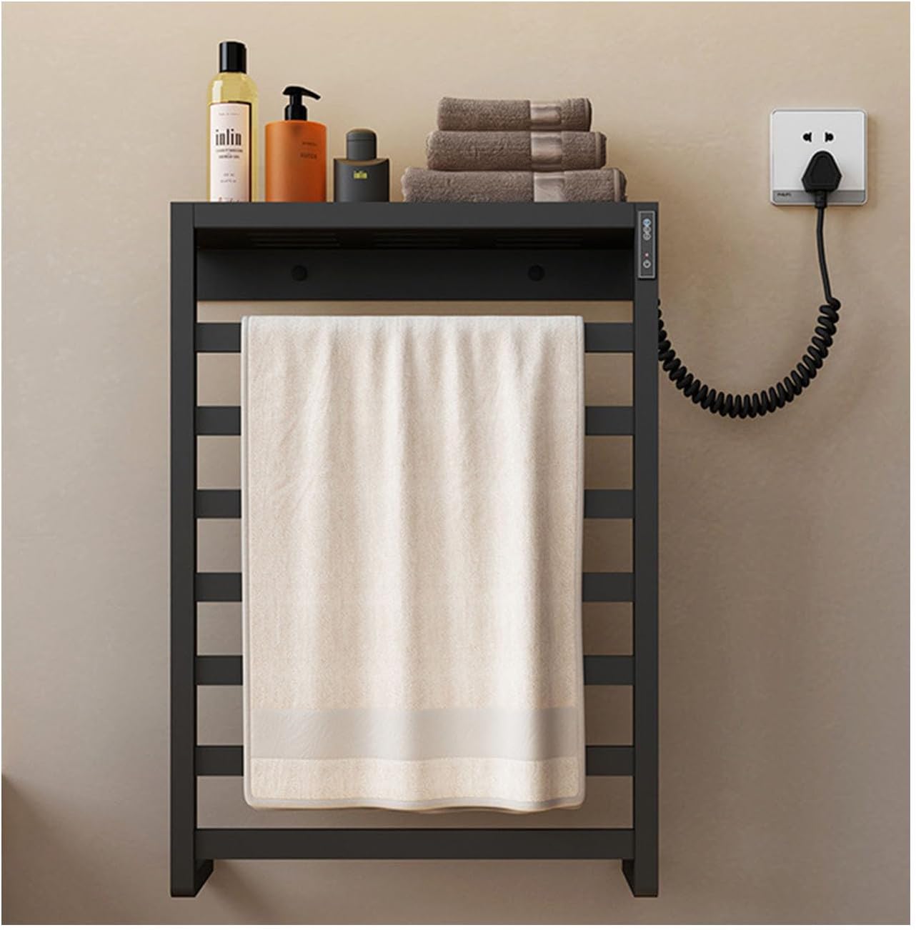 Black,Left Wire,Stainless Steel with Top Shelf,Heated Towel Drying Rack Constant Temperature,Bathroom Wall Mounted Heated Towel Bar