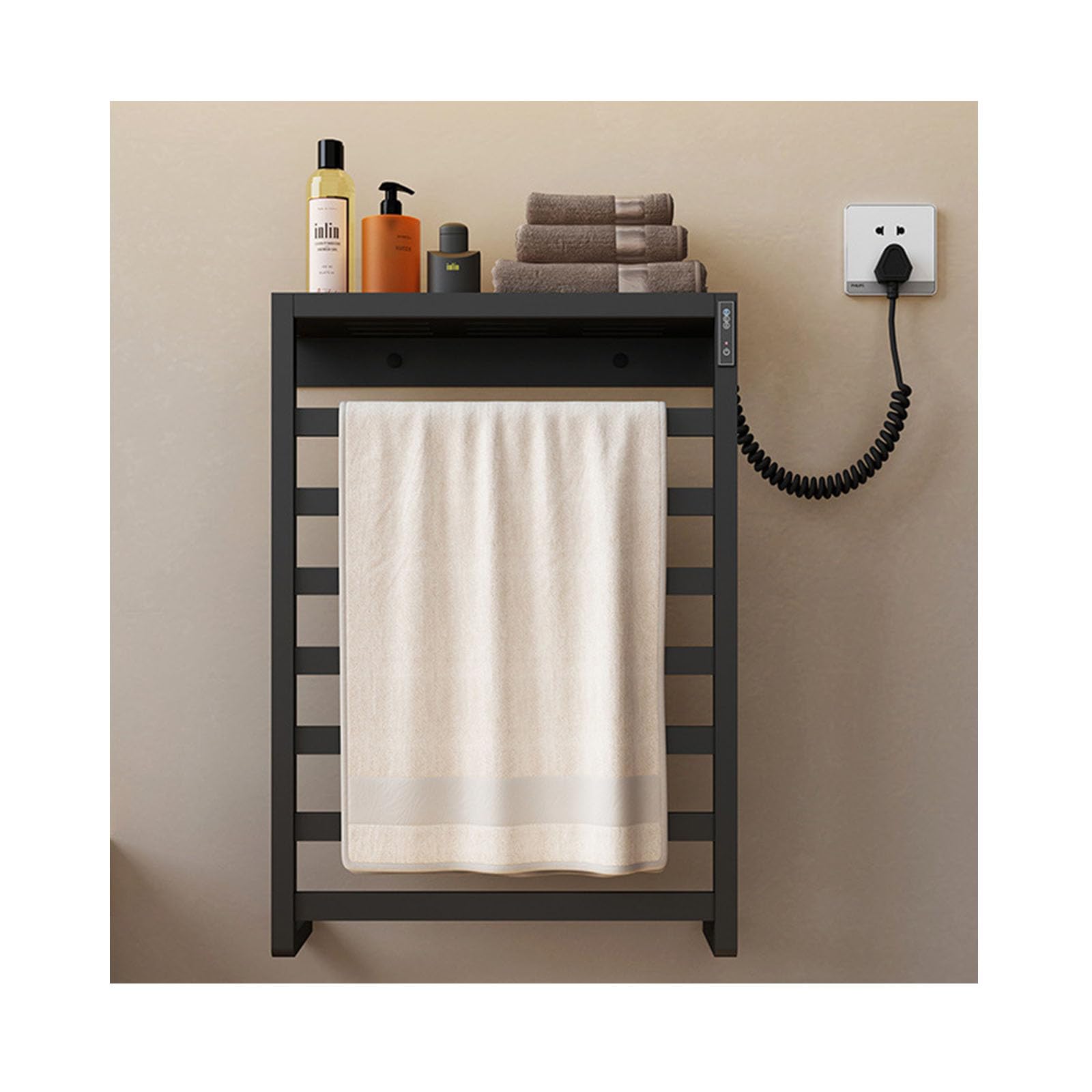 Toallero de pared en acero inoxidable negro con estante superior y diseño premium de alambre