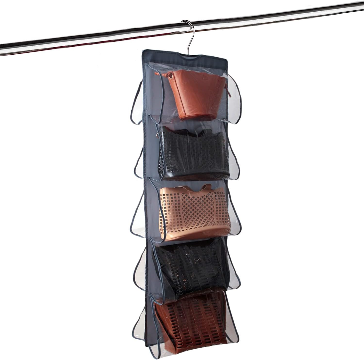 Stephenie Hanging Medium Handbag Purse Organizer - with Dual-Sided 10 Clear See-Through Pockets (10 L x 12-1/2 W x 6 H) inch - Closet Wardrobe Storage Organization JS018 Grey