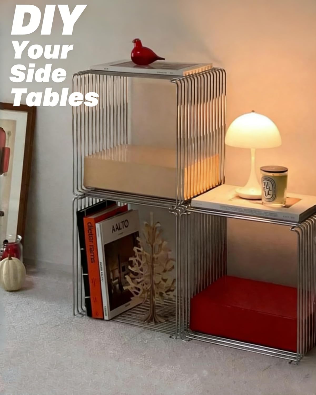 Square Metal Side Table, Small Silver End Table and Nightstand with Magazine Storage, Powder-Coated Iron with Stainless Steel-Inspired Look, Freestanding or Wall Mounted