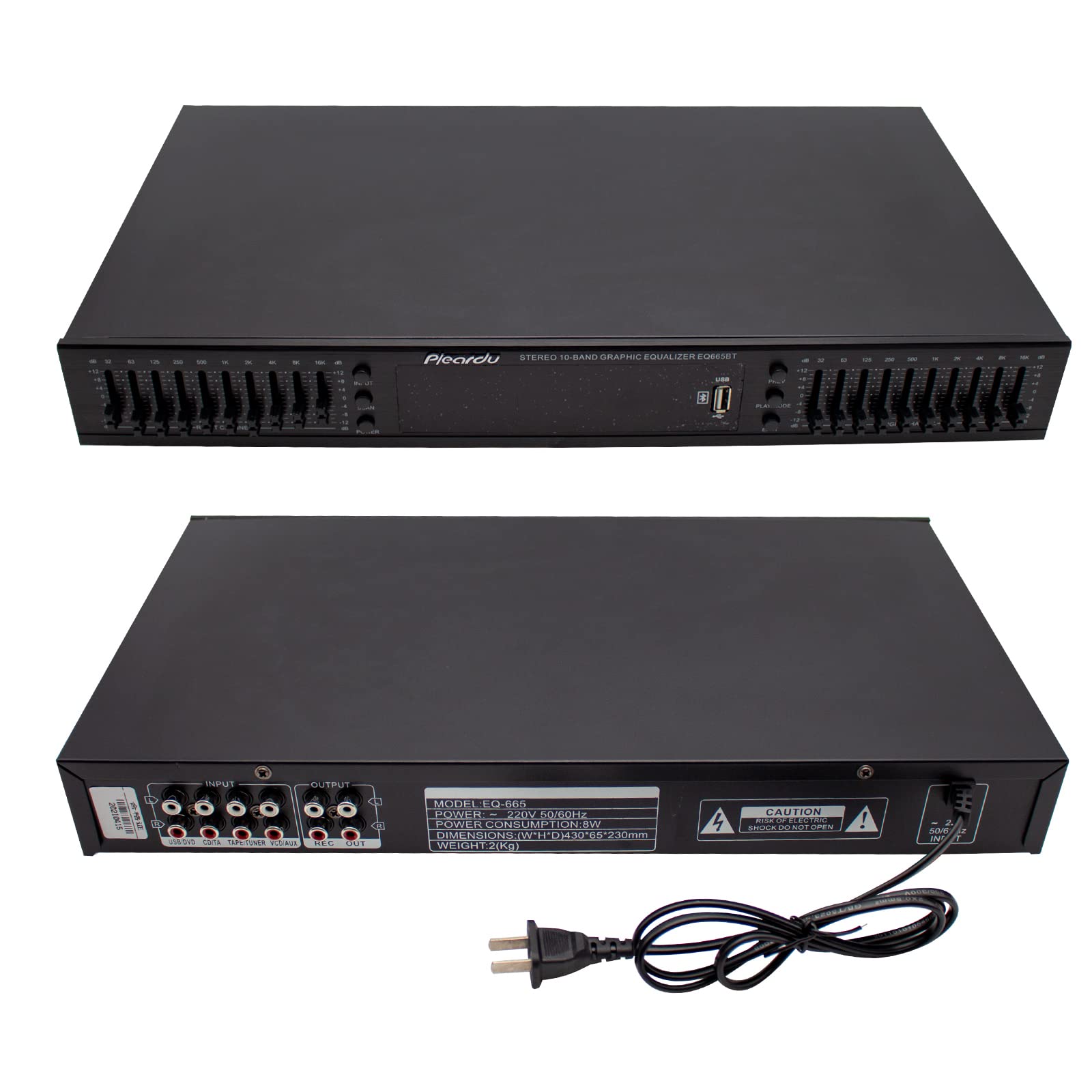 Toplionace EQ665 Stereo Equalizer, 220V Hifi Home EQ Equalizer Dual-10 BAND-Stereo Höhen Alt Bass Regelung mit Integriertem Bluetooth (EQ665, Schwarz)