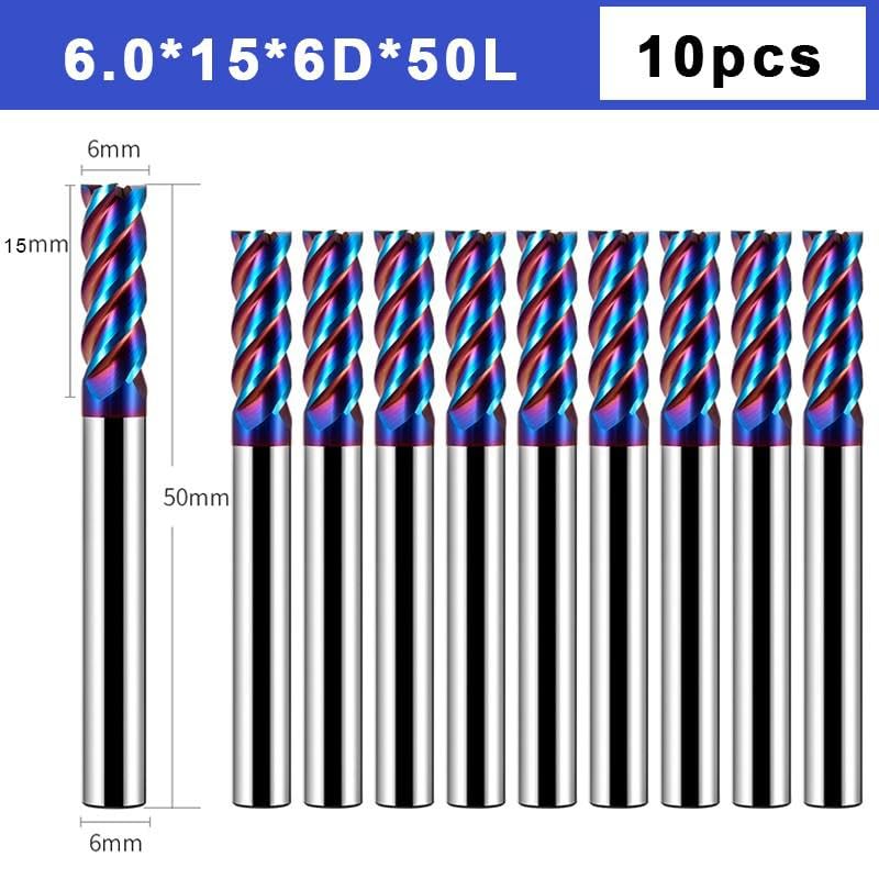 10 sztuk HRC70 4-fletowy węglik wolframu ze stali nierdzewnej niebieski Nano powłoka frez płaski CNC mechaniczne narzędzia do obróbki(6.0x15x6Dx50L)
