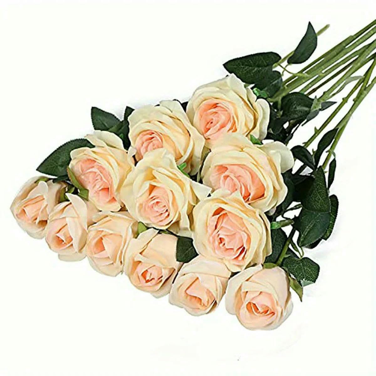 AYHTUD 12pcs Realistic Artificial Rose Bouquet for Weddings, Birthdays, and More for Floral Arrangements and Home Decor-Champagne