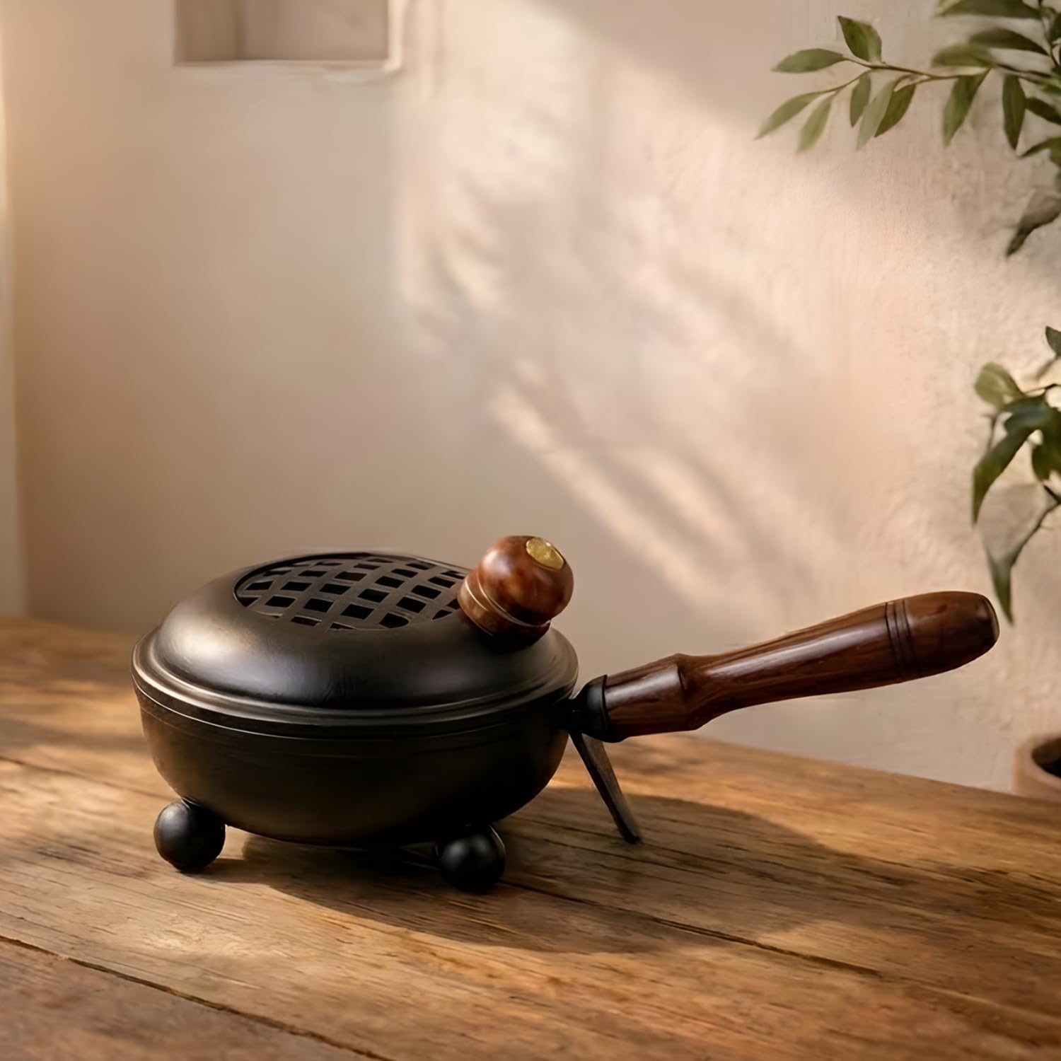 ServDharm Incense Holder Metal Black (3.4” Diameter) | Incense Burner with Wooden Handle | Loban Dhoop Holder for Home Decor, Puja, Meditation, Yoga, Spa and Gifting