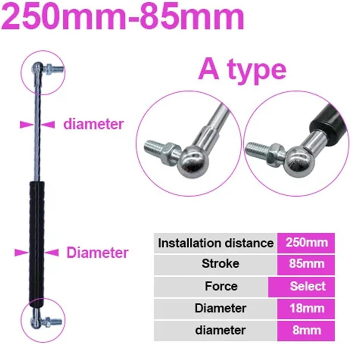 2pcs 18 * 8 Rod Gas Spring Folding Hinge 50N-500N/5kg-50kg Force Lift Support Stroke Distance 85mm Hole Center Distance 250mm(A Type,450N)