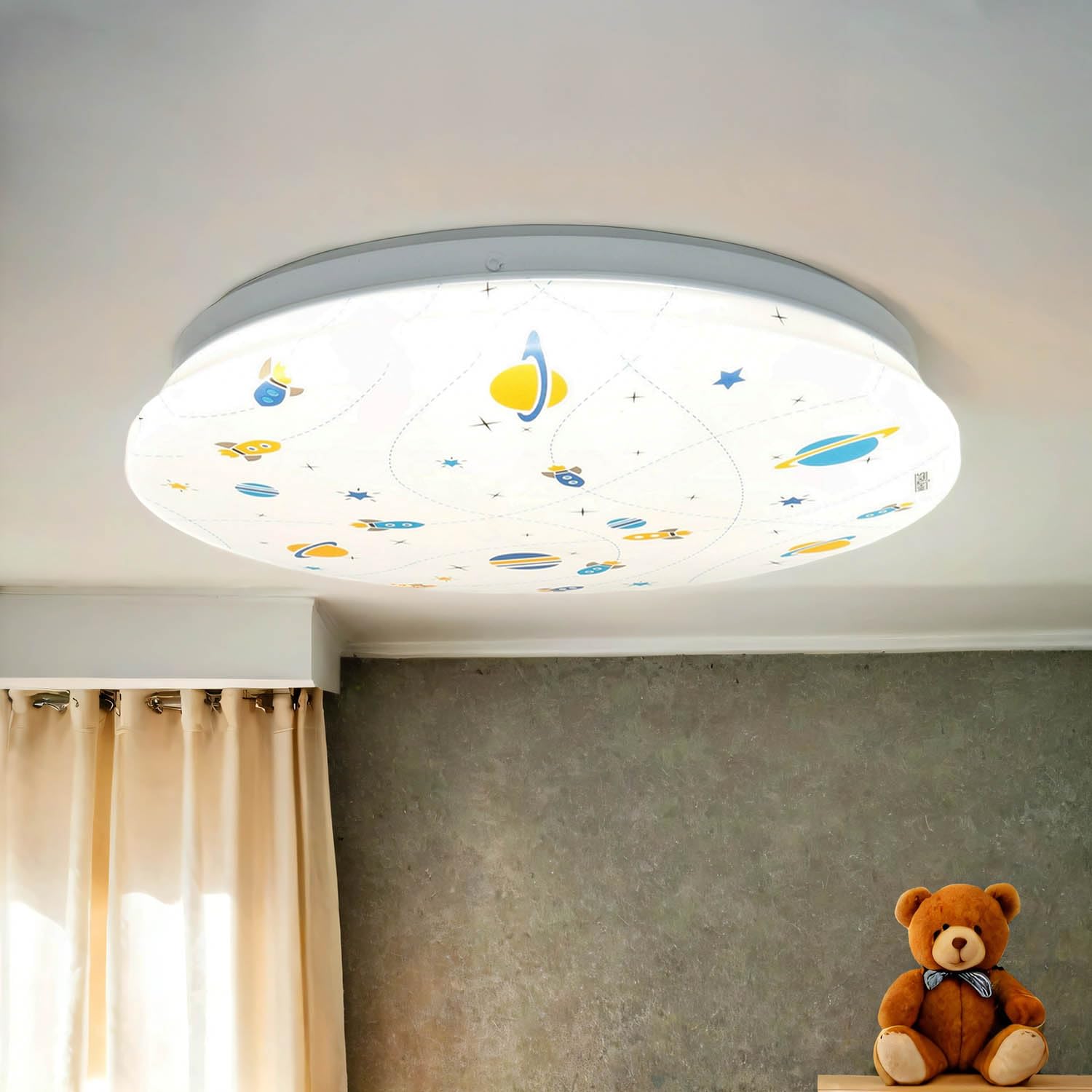 Licht-Erlebnisse LED Kinderzimmerlampe Decke IP44 D: 33,5 cm rund Weiß Bunt 4000 K 1300 lm Weltall Deckenleuchte Kinderzimmer