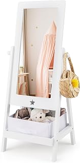 Costzon Princess Kids Full Length Mirror w/360° Swivel, Shatterproof Acrylic, Storage Shelf & Basket - White for Girls Bedroom, Playroom 3+ Years