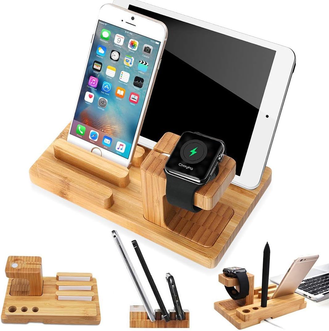 Bamboo Wood Multi-Device Desktop Charging Dock Station Charger Holder Cradle Charge Stand for iPhone 16 15 14 13 12 11 Pro Max iWatch 2 3 4 5 Compatible with iPad Mini Air Pro 2 3 Smartphones