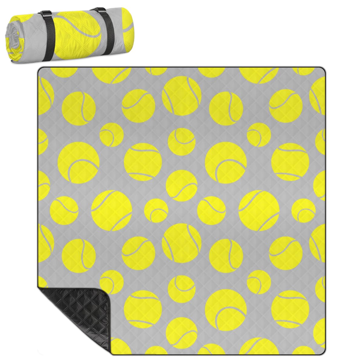 Shimoshe Extra Large Picnic Blankets 79”x 79”, Yellow Tennis Ball Print Waterproof Foldable Picnic Mat with Straps Portable Beach Blanket for Camping Park Grass Beach Indoor