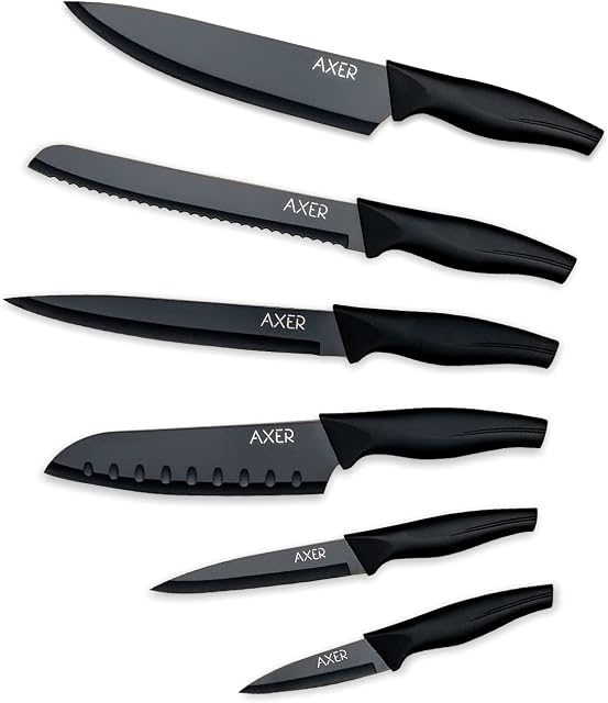 Axer Black Knife Set Witch Covers - Sharp Knife Set Black with Soft Handle - Non-Stick Black Kitchen Knife Set - 6 pcs High Carbon Steel Knife Set - Kitchen Knives Set Professional