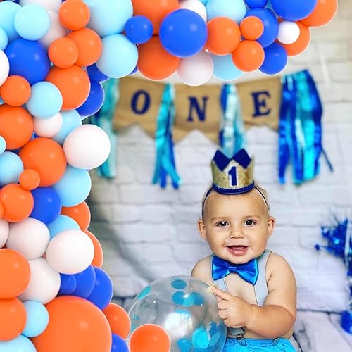 Miniatura 5 de Kit de arco de guirnalda de globos azules, naranja y blanco, 122 globos blancos de color azul rey y naranja para cumpleaños, baby shower,