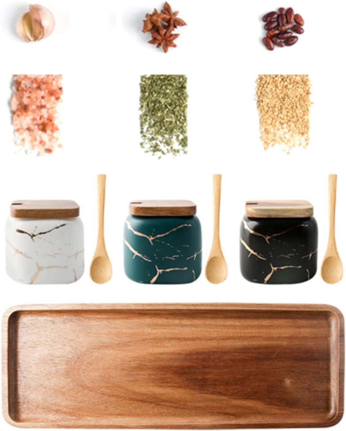 Dicunoy 3 Pack Ceramic Salt and Sugar Container, Condiment Jars with Lids and Spoons, Marble Seasoning Spice Pots Bowl, Pepper Sellar with Wooden Tray for Serving, Counter, Home, Kitchen