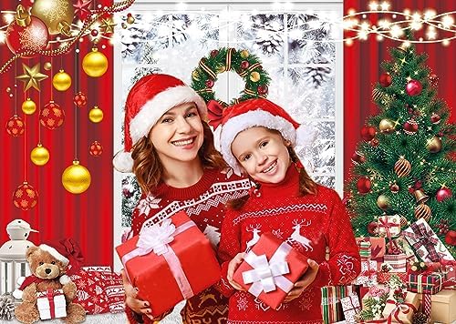 Winter Christmas Window Backdrop for Photography 7x5FT Snow Xmas Tree Gift Wreath Windowsill Background Family Holiday Party Decoration Portrait Photo Booth Props
